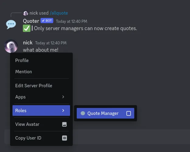 Screenshot of someone changing permissions for Quoter in Discord.